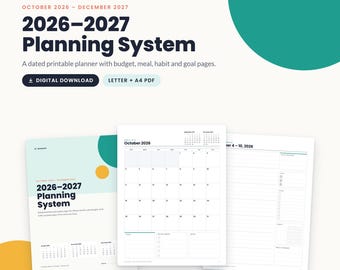 2026 2027 Printable Planner, Dated Monthly and Weekly Pages Oct 2026 to Dec 2027, Budget, Meal, Habit and Goal Pages, Letter and A4 PDF