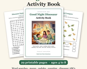 Good Night Dinosaur Activity Book, Printable Kids Puzzles Ages 4-8, Dinosaur Word Search, Mazes, Sudoku, Bedtime Story Activity PDF
