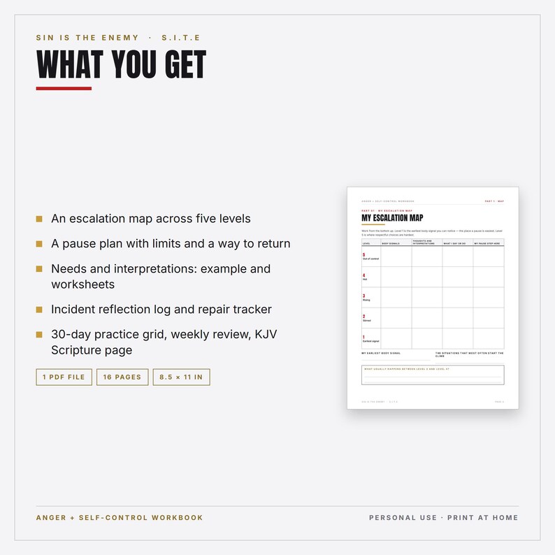 Anger and Self-Control Workbook Printable | Christian Men Escalation Map, Pause Plan, Incident Log, Repair Tracker | PDF Download image 2