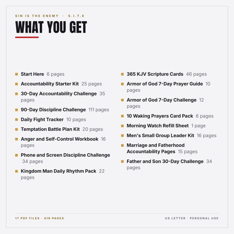 Christian Men Accountability Bundle Printable | 17 PDFs, 419 Pages | Trackers, 30 and 90 Day Challenges, KJV Cards, Prayer, Group Kit image 2