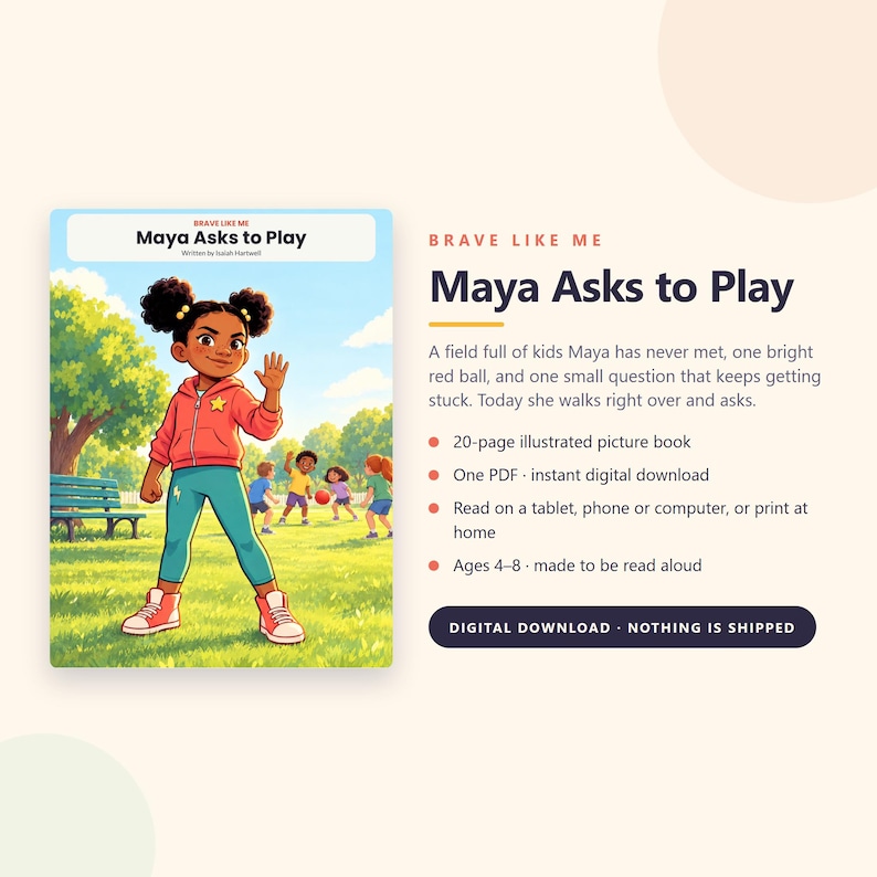 Maya Asks to Play - Brave Like Me Printable Picture Book - Shy Kid Making Friends Story - 20 Page PDF Instant Download image 1
