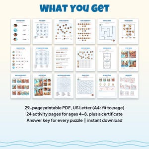 Livro de atividades imprimível "Olá Piscina" para crianças de 4 a 8 anos, incluindo caça-palavras, labirintos, sudoku ilustrado e quebra-cabeças com tema de natação no verão (PDF). imagem 5