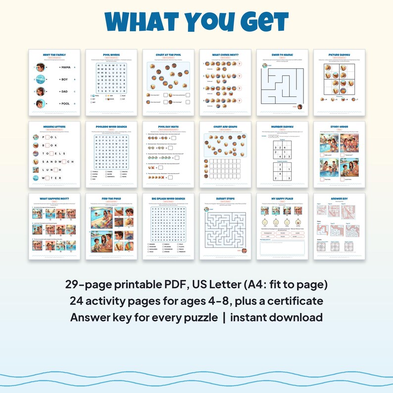 Livro de atividades imprimível "Olá Piscina" para crianças de 4 a 8 anos, incluindo caça-palavras, labirintos, sudoku ilustrado e quebra-cabeças com tema de natação no verão (PDF). imagem 5
