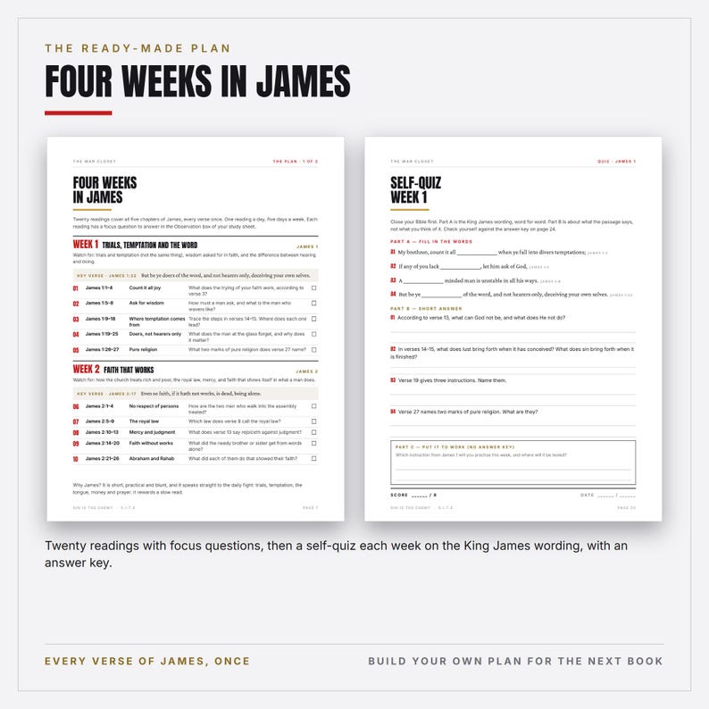 War Closet Bible Study System for Men, Printable KJV Scripture Study PDF, 4 Week Study of James, Prayer Pages and Flashcards image 4