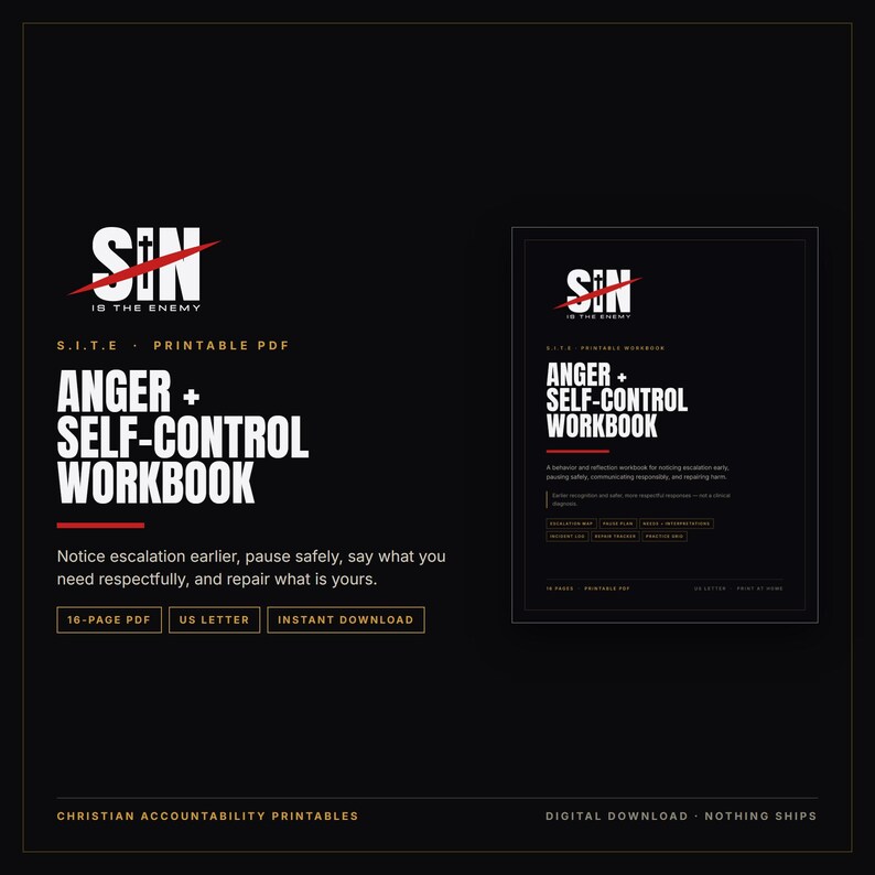 Anger and Self-Control Workbook Printable | Christian Men Escalation Map, Pause Plan, Incident Log, Repair Tracker | PDF Download image 1