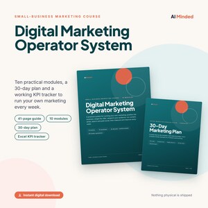 Puede incluir: Un curso de marketing digital titulado Digital Marketing Operator System, que incluye una guía de 41 páginas, 10 módulos, un plan de 30 días y un rastreador de KPI en Excel. Los documentos de color verde azulado muestran elementos gráficos circulares.