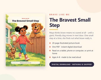 Puede incluir: Un libro ilustrado digital para niños titulado The Bravest Small Step de Isaiah Hartwell. La portada muestra a un niño pequeño con sudadera roja y leggings azul verdoso caminando con un perro pequeño frente a una valla de madera.