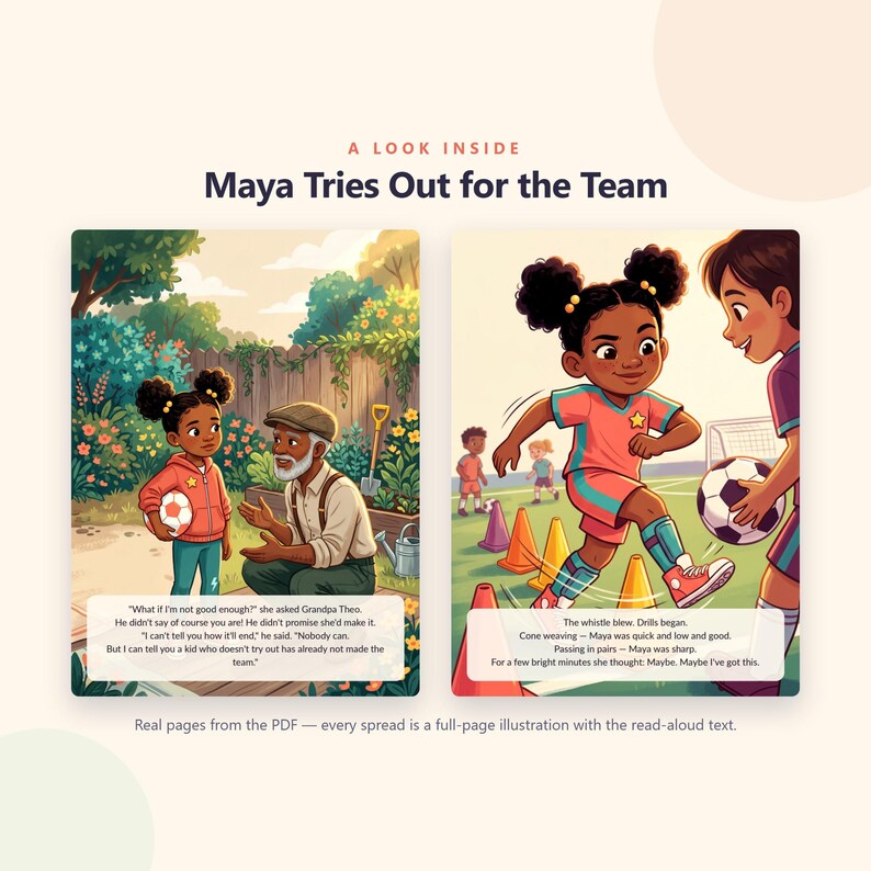 Maya versucht, ins Team zu kommen – Mutig wie ich (Bilderbuch zum Ausdrucken) – Fußball-Probetraining-Geschichte für Kinder – 20-seitiges PDF zum sofortigen Download Bild 2