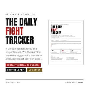 Könnte beinhalten: Ein druckbares Arbeitsbuch mit dem Titel The Daily Fight Tracker, ein 30-Tage-Rechenschafts- und Gebetstracker. Das Dokument enthält schwarzen und roten Text auf weißem Hintergrund und umfasst Abschnitte zum Benennen von Auslösern und zum gemeinsamen Kampf.