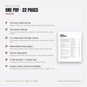 War Closet Bible Study System for Men, Printable KJV Scripture Study PDF, 4 Week Study of James, Prayer Pages and Flashcards image 2