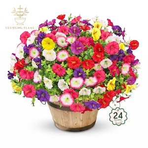 May include: A large arrangement of artificial flowers in a wooden bucket, featuring a mix of red, purple, yellow, and white blossoms with green foliage. The text LUUHUNG FLAME appears in the top left, and a green tag reads 24 Bundles.