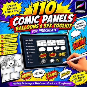 Könnte beinhalten: Ein digitales Comic-Design-Toolkit für Procreate mit 110 Comic-Panels, Sprechblasen und Soundeffekten. Die Benutzeroberfläche zeigt verschiedene Panel-Layouts, Gedankenblasen und Textgrafiken wie BOOM, POW und ZAP auf einem Tablet-Bildschirm.