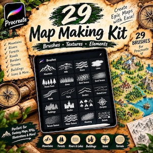 May include: A digital map making kit for Procreate featuring 29 brushes, textures, and elements. The interface displays icons for mountains, hills, rivers, lakes, trees, grass, rock, sand, roads, paths, borders, buildings, castles, and compasses.