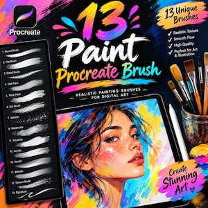 May include: A digital art set featuring 13 Procreate paint brushes, displayed on a tablet screen with a list of brush types, a colorful portrait illustration, and a jar of physical paint brushes with a stylus on a dark background.