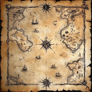 May include: A rectangular parchment map with jagged, burnt-looking edges featuring black ink illustrations of landmasses, sailing ships, and a central compass rose. The design includes decorative sun and skull motifs at the corners and borders.