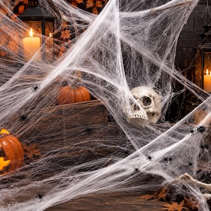 May include: A Halloween decoration set featuring white synthetic spider webs draped over a human skull, two orange pumpkins, and two black metal lanterns with lit candles. Small black plastic spiders are scattered across the web strands.
