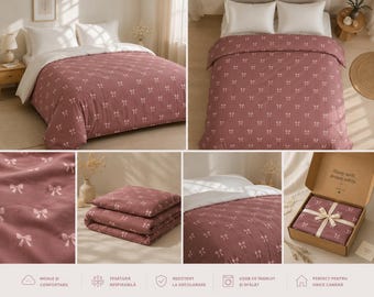 Roze katoenen beddenset met strikjespatroon | Dekbedovertrek
