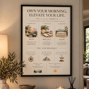 Op de afbeelding: Een ingelijste wandposter met de titel OWN YOUR MORNING, ELEVATE YOUR LIFE. De poster toont de 20/20/20 FORMULA met illustraties voor MOVE, REFLECT en GROW, gevolgd door de sectie THE 5AM MINDSET met iconen voor dagelijkse gewoontes en doelen.