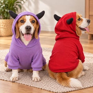 May include: Two beagle dogs wearing hooded sweatshirts with black horns on the hoods. One dog wears a purple hoodie facing forward, and the other dog wears a red hoodie facing away, showing a kangaroo pocket on the back of the garment.