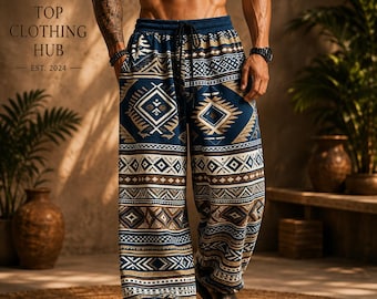Men's Boho Tribal Pants, Aztec Geometric Wide Leg Trousers, Loose Fit Summer Beach Wear