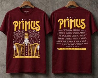 Camiseta de la gira A Tripota Journey de Primus, camiseta vintage color burdeos de la banda, camiseta de concierto de rock de Primus, camiseta con estampado de fechas de la gira en la parte delantera y trasera.