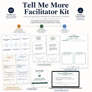 May include: The Tell Me More Facilitator Kit includes printable and screen-friendly tools for group discovery, discussion, and creation. Components include prompt cards, conversation extenders, a facilitator guide, and a Create Together canvas.