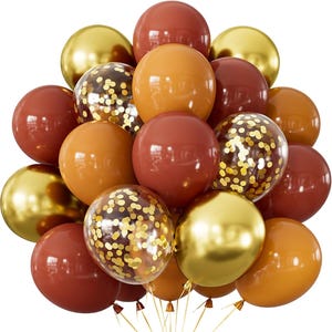 Fall Thanksgiving Balloons | 50pc 12 Inch Brown Coco Gold Confetti Balloons | Autumn Party Decor | Fall Balloon Set