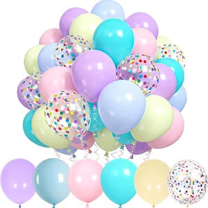 May include: A large cluster of balloons in pastel shades of pink, blue, purple, and yellow, interspersed with clear balloons filled with multicoloured confetti. Several individual balloons in matching colours are arranged in a row below the main cluster.
