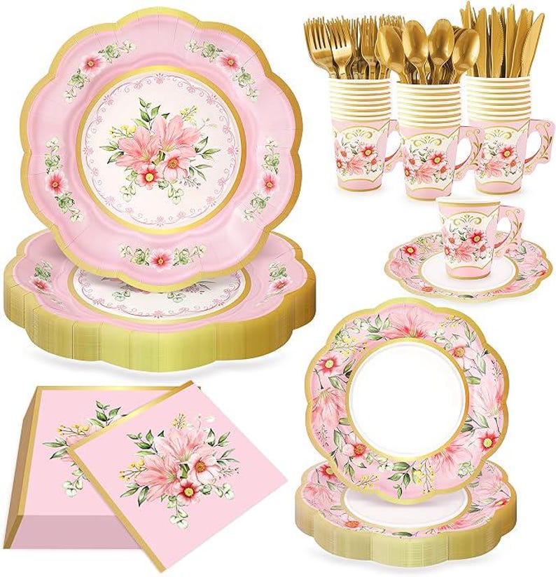 Pink Floral Tea Party Supplies for 24 Guests | 168 Piece Vintage Flower ...