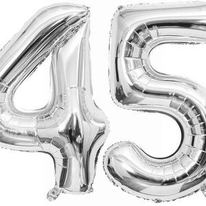 Silver Number 45 Balloons 40 Inch | Giant 45th Birthday Balloons | Silver Foil Number Balloons | Anniversary Party Decorations