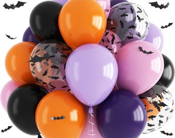 Halloweenballonnen | Pastelpaars, roze, zwart, oranje, donkerpaars | Spooky One Two verjaardagsdecoratie | Ballonnenachtergrond met vleermuizen