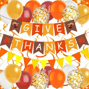 Thanksgiving Balloon Set | 23pc Give Thanks Banner Paper Flag Orange Swirls | Fall Friendsgiving Party Decor