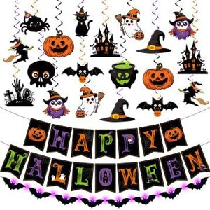 May include: A set of Halloween hanging decorations featuring spiral streamers with cutouts of pumpkins, ghosts, black cats, owls, bats, witches, skulls, and haunted houses, plus a black banner with the text HAPPY HALLOWEEN in orange, green, and purple.