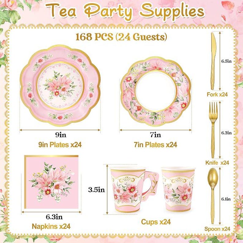 Pink Floral Tea Party Supplies for 24 Guests | 168 Piece Vintage Flower ...