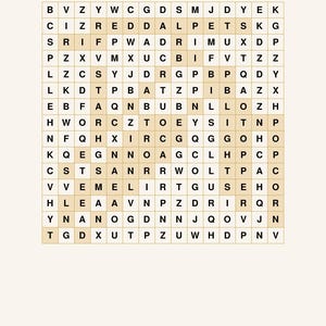 May include: A word search puzzle titled 1. Trimming the Tree &mdash; Solution, featuring a grid of black capital letters on a light background. Some letters are highlighted in a light tan colour to form a hidden shape. Text at the bottom reads A Cottage Christmas &bull; Solution 1 of 20.