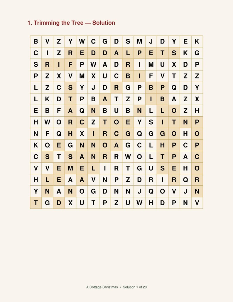 May include: A word search puzzle titled 1. Trimming the Tree &mdash; Solution, featuring a grid of black capital letters on a light background. Some letters are highlighted in a light tan colour to form a hidden shape. Text at the bottom reads A Cottage Christmas &bull; Solution 1 of 20.