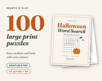 May include: A digital document titled Hearth & Clue 100 Halloween Word Search featuring large print puzzles. The cover displays a word grid with the words PUMPKIN and GHOST circled, a pumpkin illustration, and bats. Includes printable PDF options.