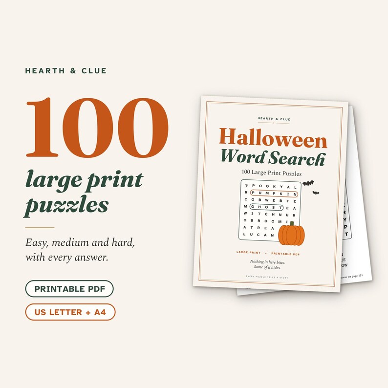 Storstilad Halloween-ordbok, utskrivbar PDF, 100 pussel bild 1