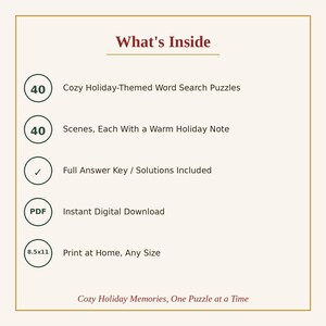May include: A digital product information sheet titled What's Inside. It lists 40 holiday-themed word search puzzles, 40 scenes with holiday notes, an answer key, PDF format for instant download, and 8.5x11 inch print-at-home capability.
