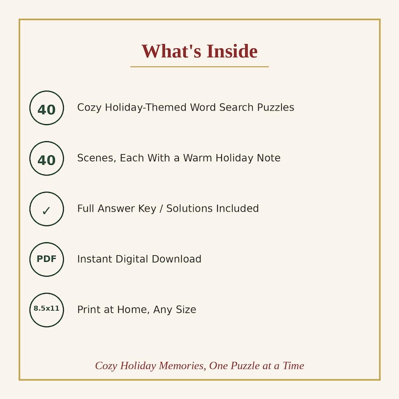 May include: A digital product information sheet titled What's Inside. It lists 40 holiday-themed word search puzzles, 40 scenes with holiday notes, an answer key, PDF format for instant download, and 8.5x11 inch print-at-home capability.
