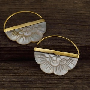 Mother of Pearl Earrings -  Flower hoops with gold-tone bezel - for all standard piercings -  small rising sun (162B)