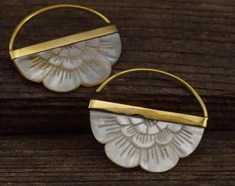 Mother of Pearl Earrings -  Flower hoops with gold-tone bezel - for all standard piercings -  small rising sun (162B)