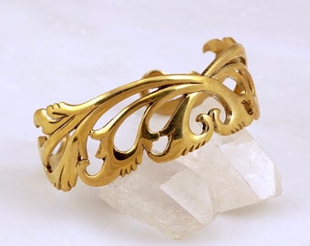 Cuff Bracelet - Art Nouveau Gold-tone Slip-on - Victorian Statement Bracelet in Brass (B132)