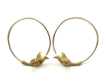 Créoles petit oiseau - Boucles d'oreilles oiseau bleu - Cadeau pour amateur d'ornithologie (156B)