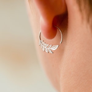 Tiny Leaf Hoops 14mm Earrings - Solid Silver + Gold - One Pair - Nature Jewelry - Olive Leaf Sleeper - (232S)