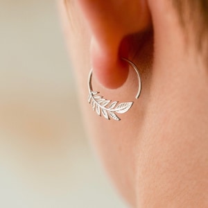 Tiny Leaf Hoops 14mm Earrings Solid Sterling Silver One Pair Nature Jewelry Olive Leaf Sleeper 232S 925 Sterling Silver