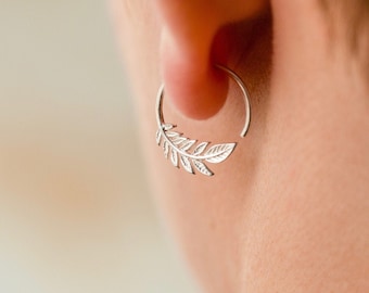 Tiny Leaf Hoops 14mm Earrings - Solid Sterling Silver - One Pair - Nature Jewelry - Olive Leaf Sleeper - (232S)