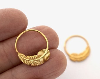 Tiny Gold Feather Hoops 14mm - cartilage, tragus, helix daith, earring (264GP)