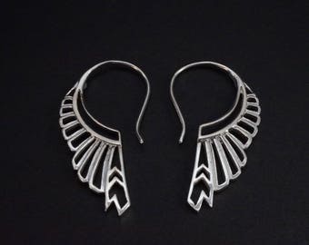 Feather Hoop Tribal Earrings - Solid Sterling Silver - Gift for Her - Huntress (186S)