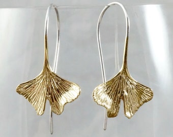 Leaf Earrings - Ginko Leaf Earrings - dangle earrings - brass and sterling (142B)